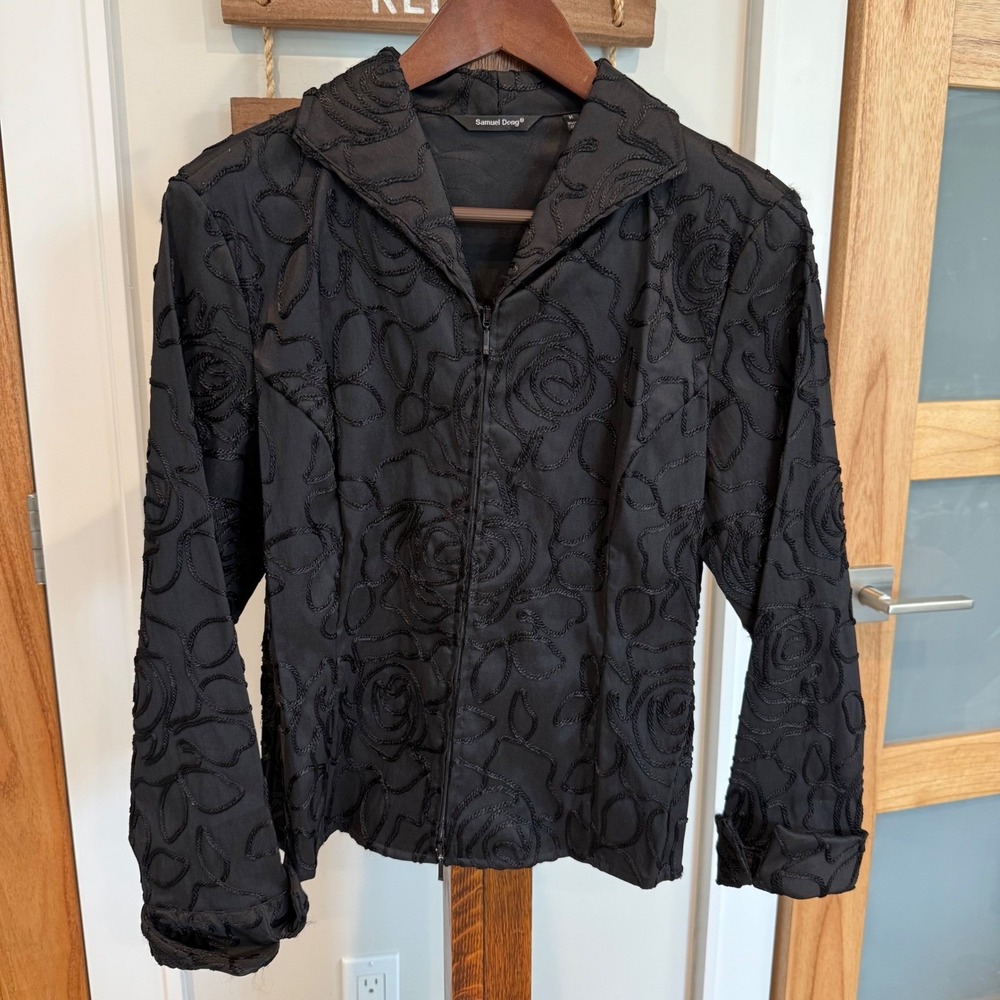 Samuel Dong Black Soutache Floral Rose Zip Up Jacket Womens Medium Textured Coat